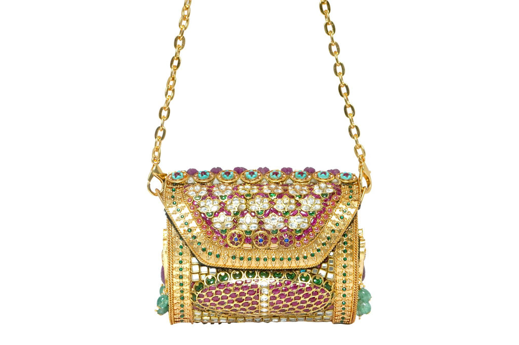 Embellished Kundan & Gemstone Clutch with Gold Chain