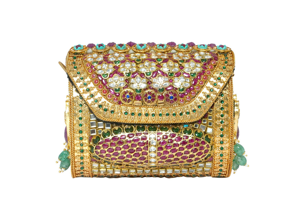 Embellished Kundan & Gemstone Clutch with Gold Chain
