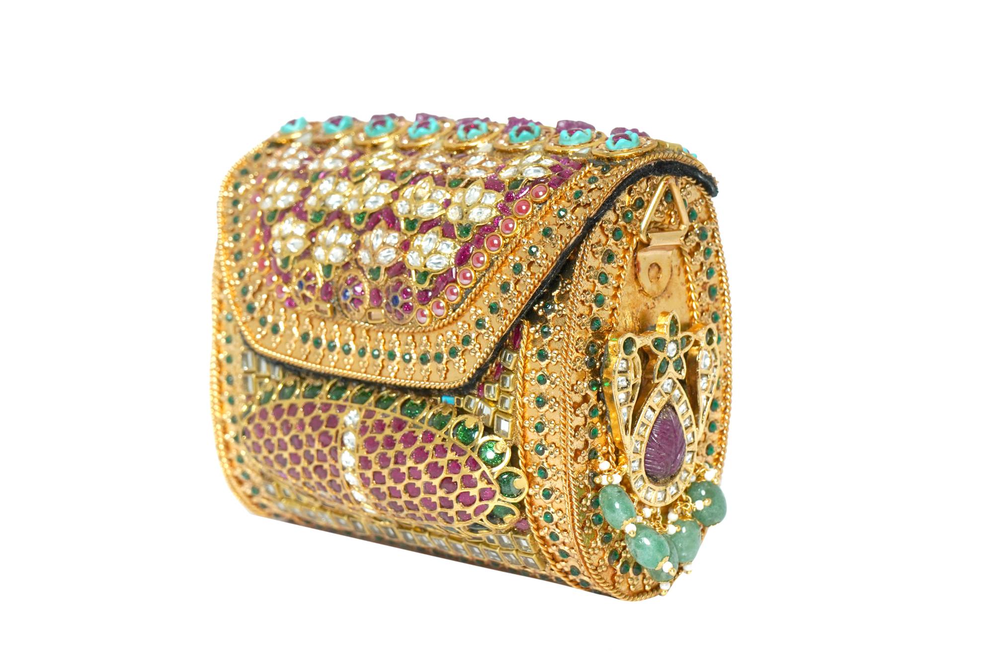 Embellished Kundan & Gemstone Clutch with Gold Chain