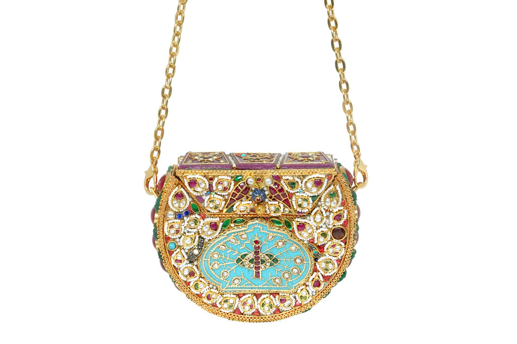 Embellished Metal Clutch with Chain Strap