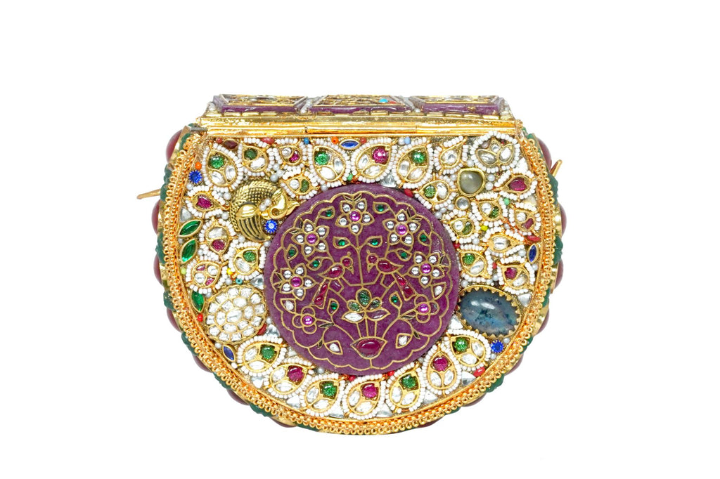 Embellished Metal Clutch with Chain Strap