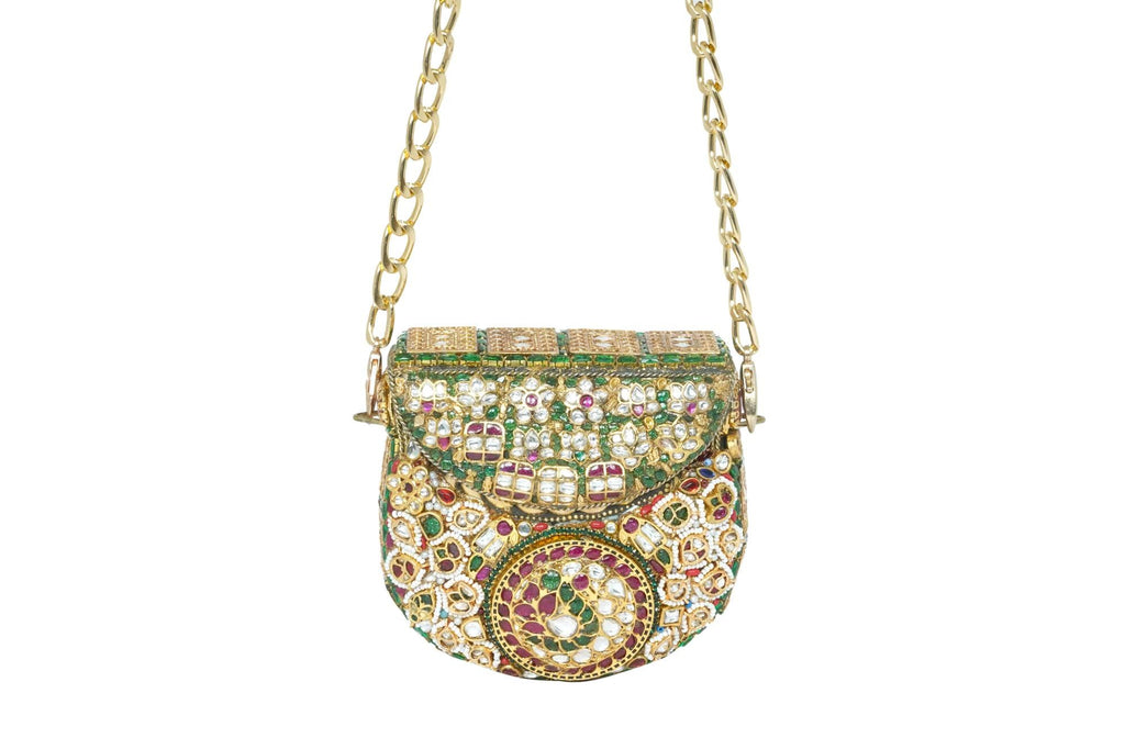 Embellished Kundan & Gemstone Clutch with Gold Chain