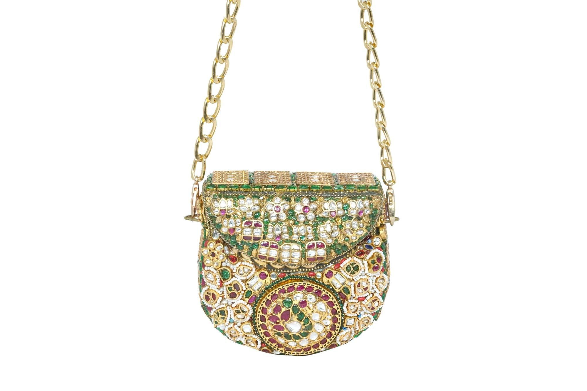 Embellished Kundan & Gemstone Clutch with Gold Chain