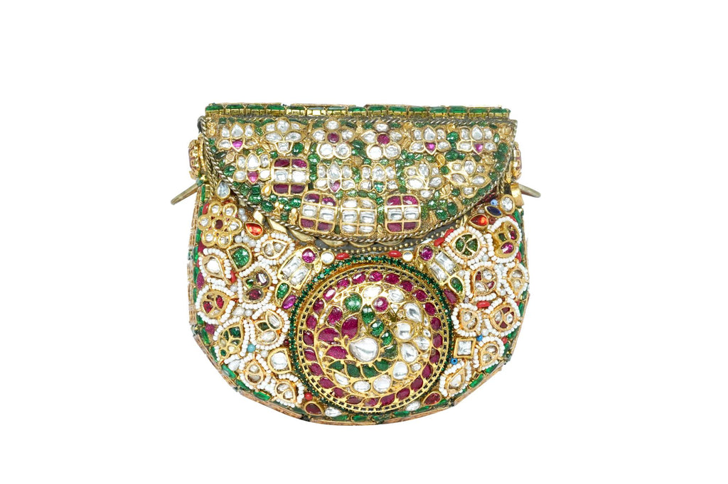 Embellished Kundan & Gemstone Clutch with Gold Chain