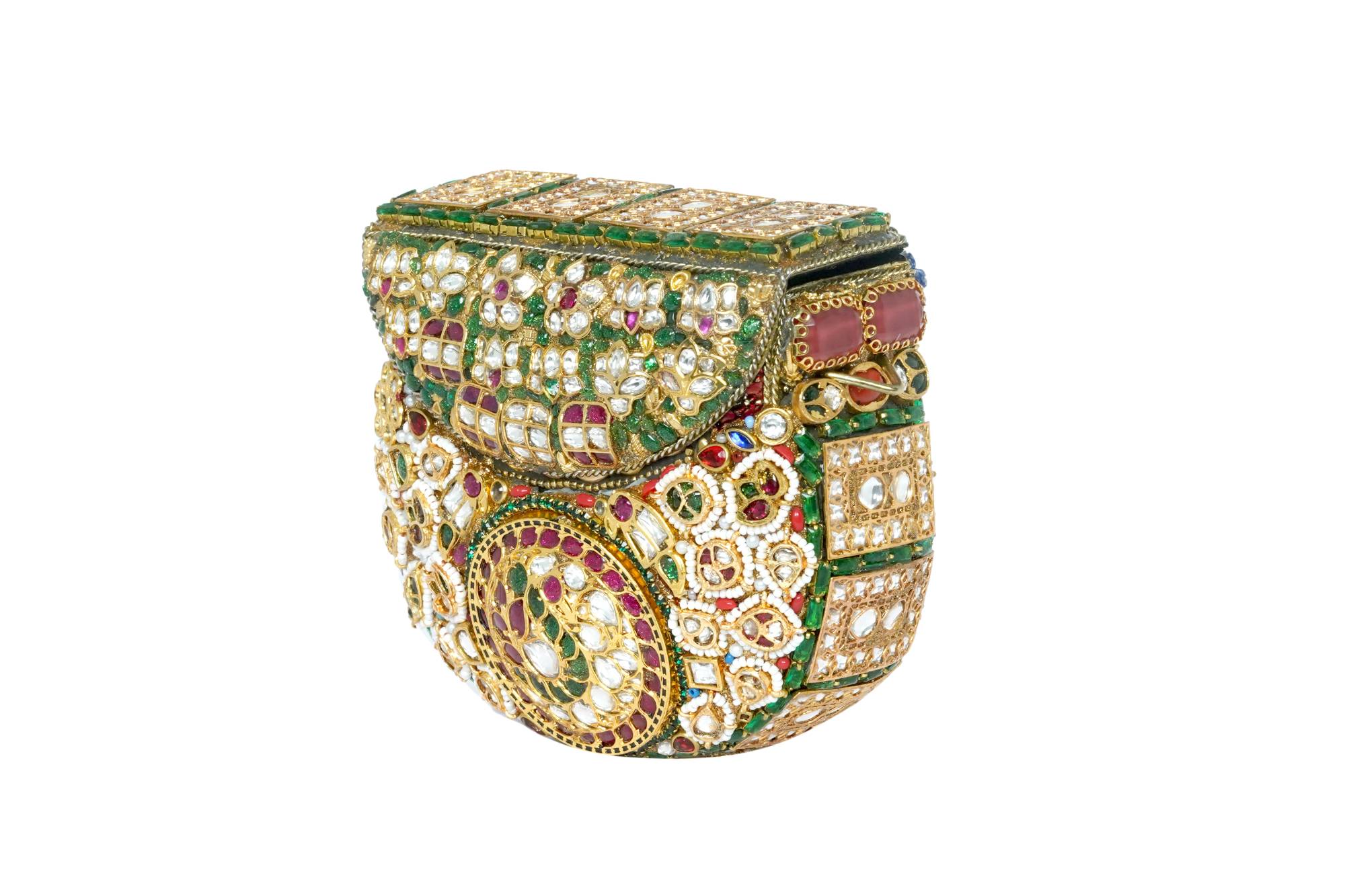 Embellished Kundan & Gemstone Clutch with Gold Chain