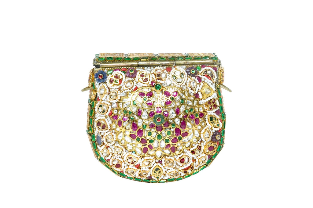 Embellished Kundan & Gemstone Clutch with Gold Chain