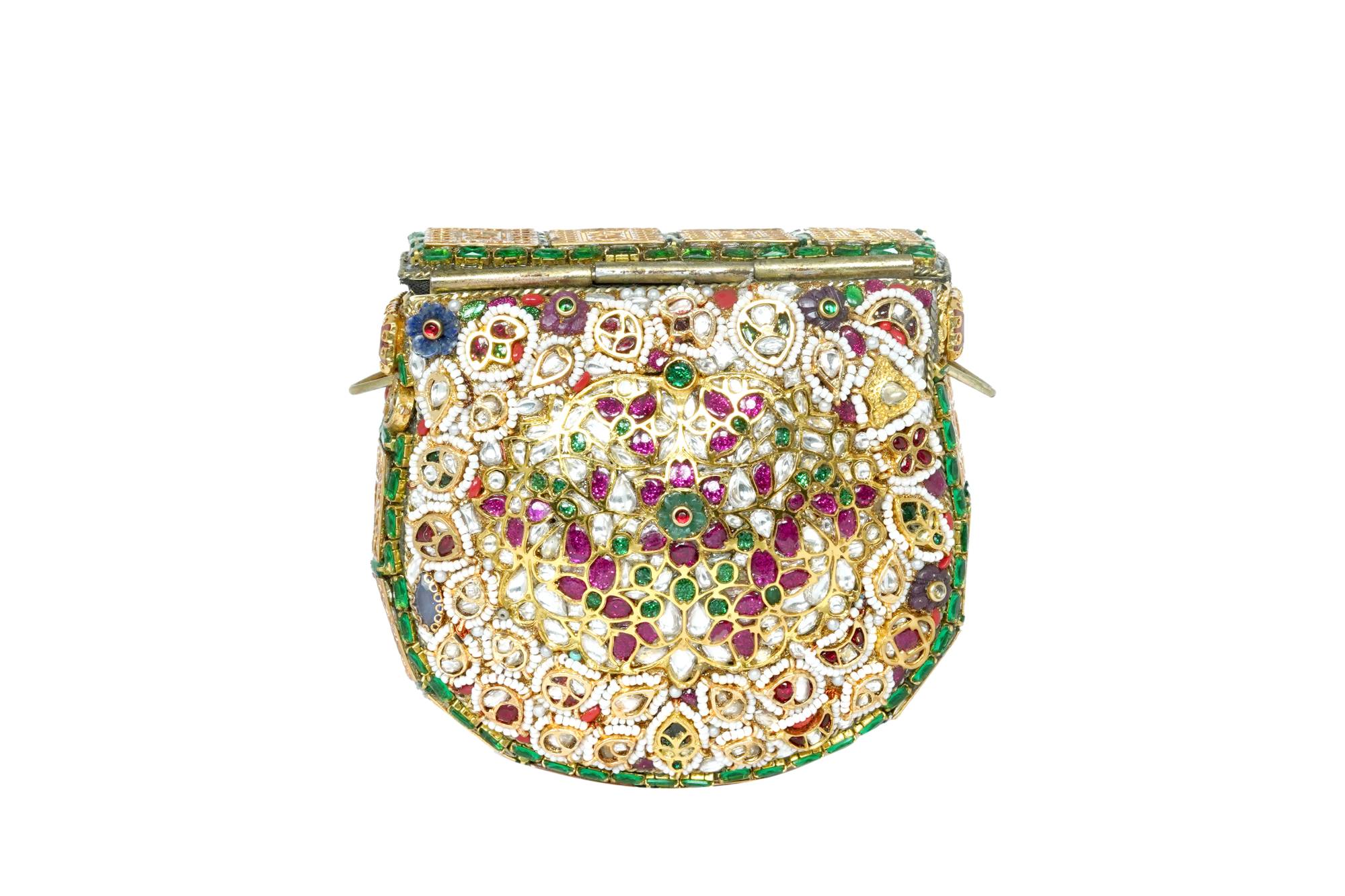 Embellished Kundan & Gemstone Clutch with Gold Chain