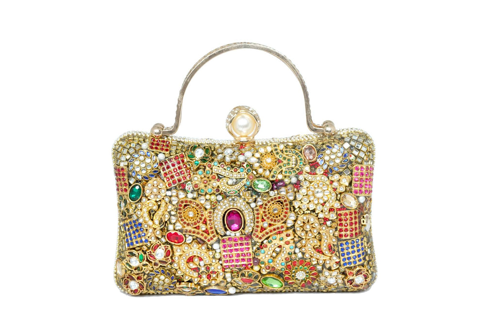 Embellished Gemstone & Kundan Clutch with Chain
