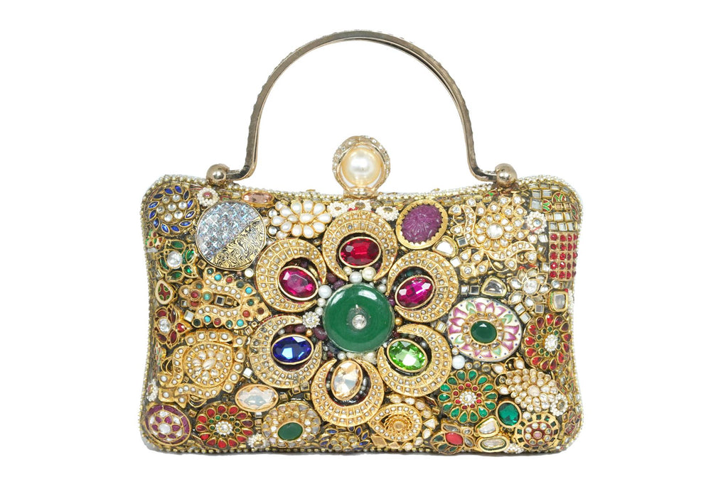 Embellished Gemstone & Kundan Clutch with Chain