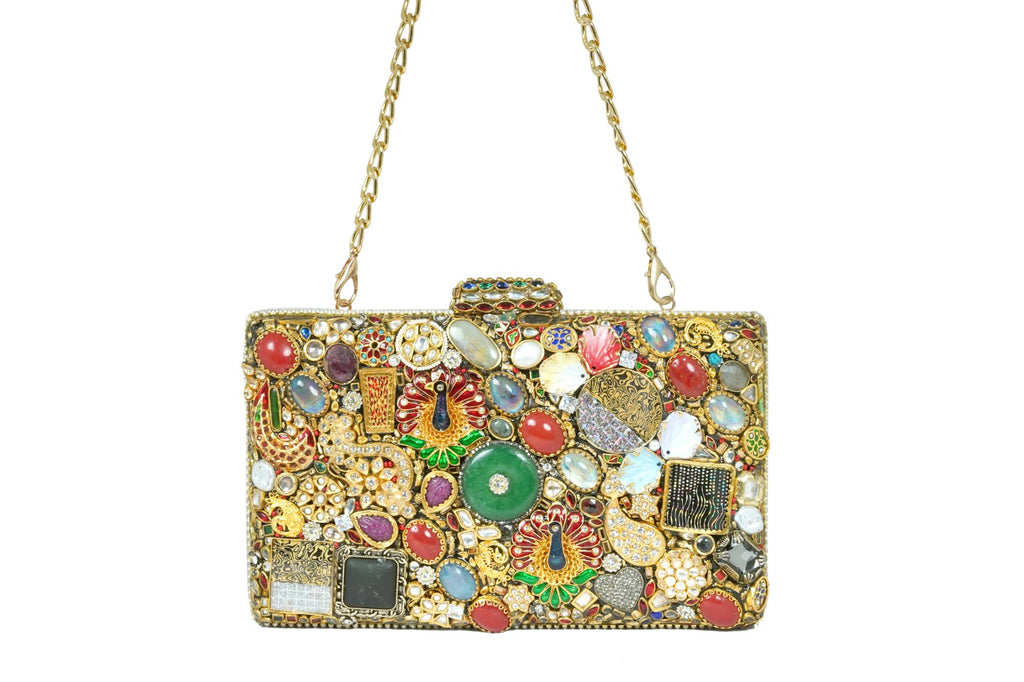 Embellished Geometric Red & Gold Clutch