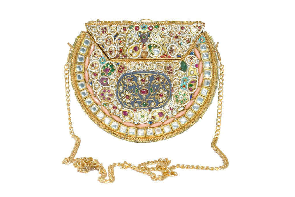 Embellished Kundan Stone Gold Clutch