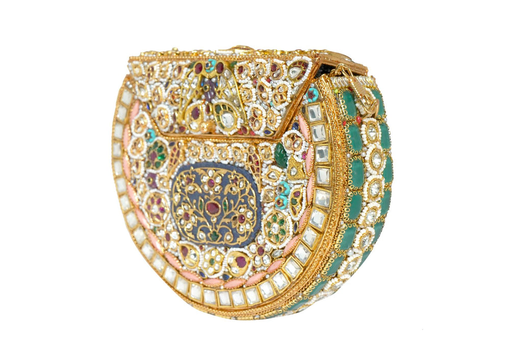 Embellished Kundan Stone Gold Clutch