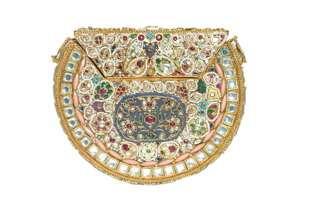 Embellished Kundan Stone Gold Clutch