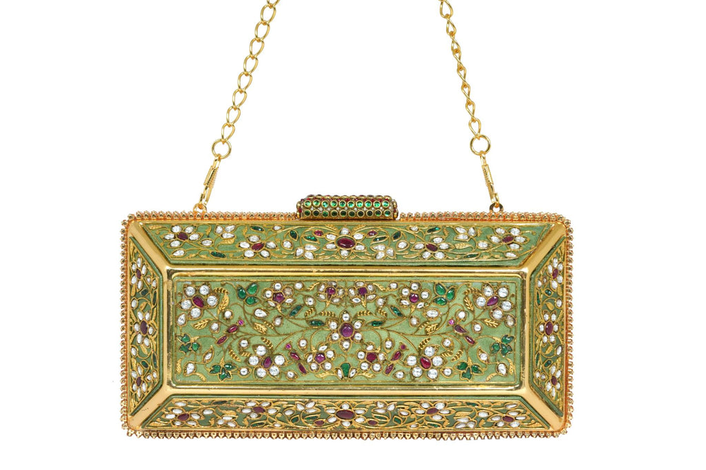 Gold Embellished Kundan & Ruby Stone Clutch