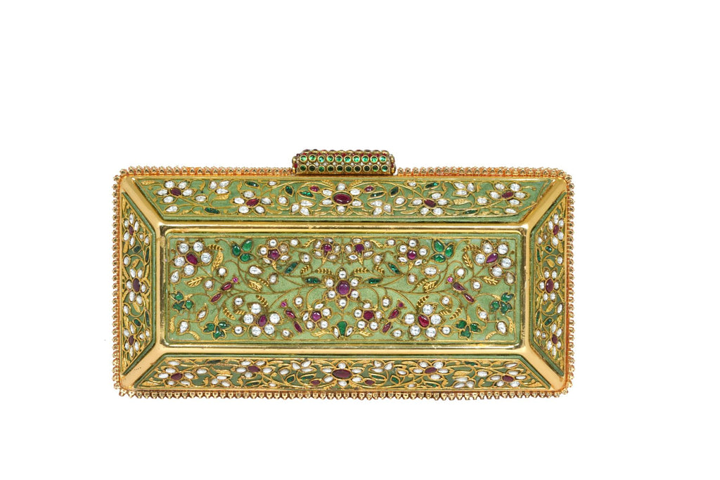 Gold Embellished Kundan & Ruby Stone Clutch