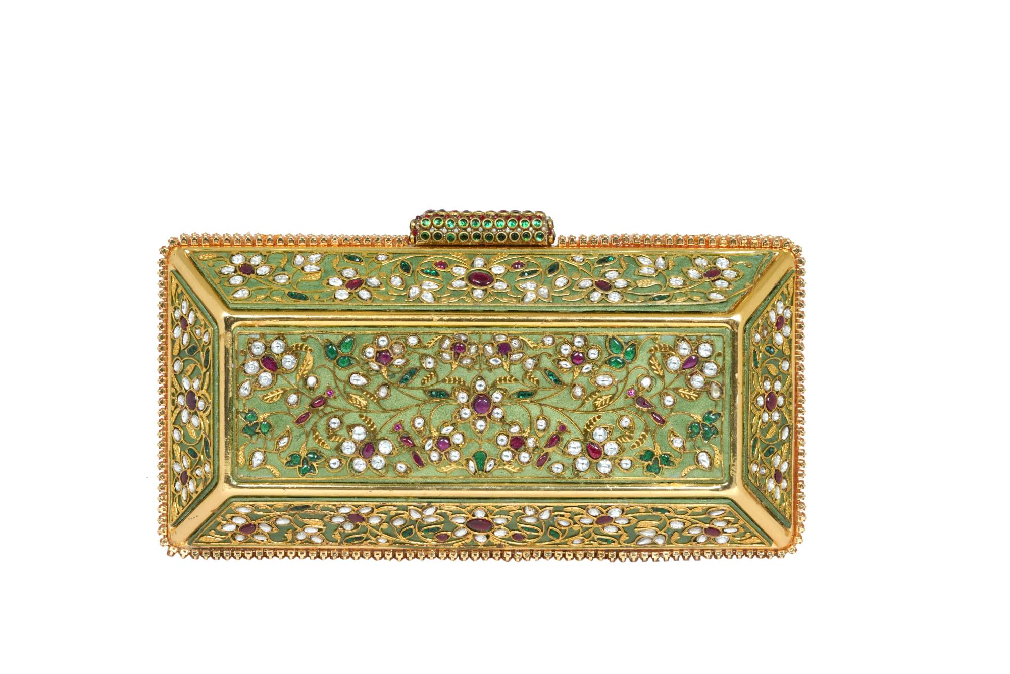 Gold Embellished Kundan & Ruby Stone Clutch