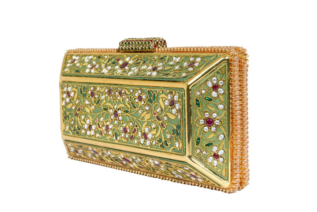 Green Enameled Gemstone Box Clutch