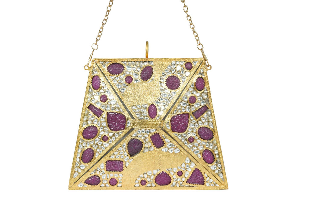 Gold Embellished Kundan & Ruby Stone Clutch