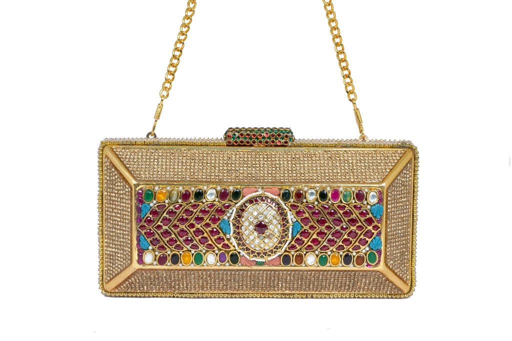 Jeweled Stone Gold Box Clutch Bag