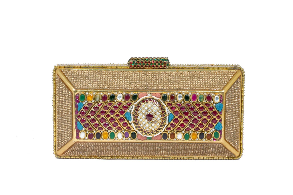 Jeweled Stone Gold Box Clutch Bag