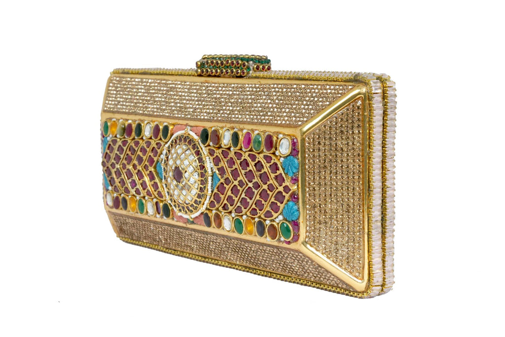 Jeweled Stone Gold Box Clutch Bag