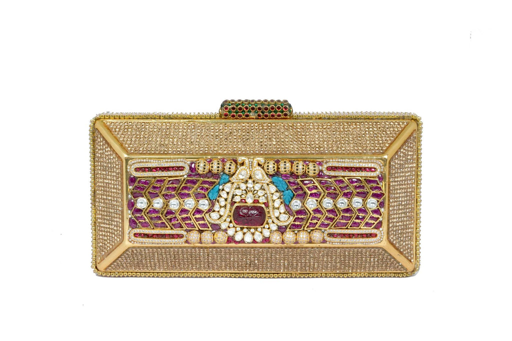 Jeweled Stone Gold Box Clutch Bag