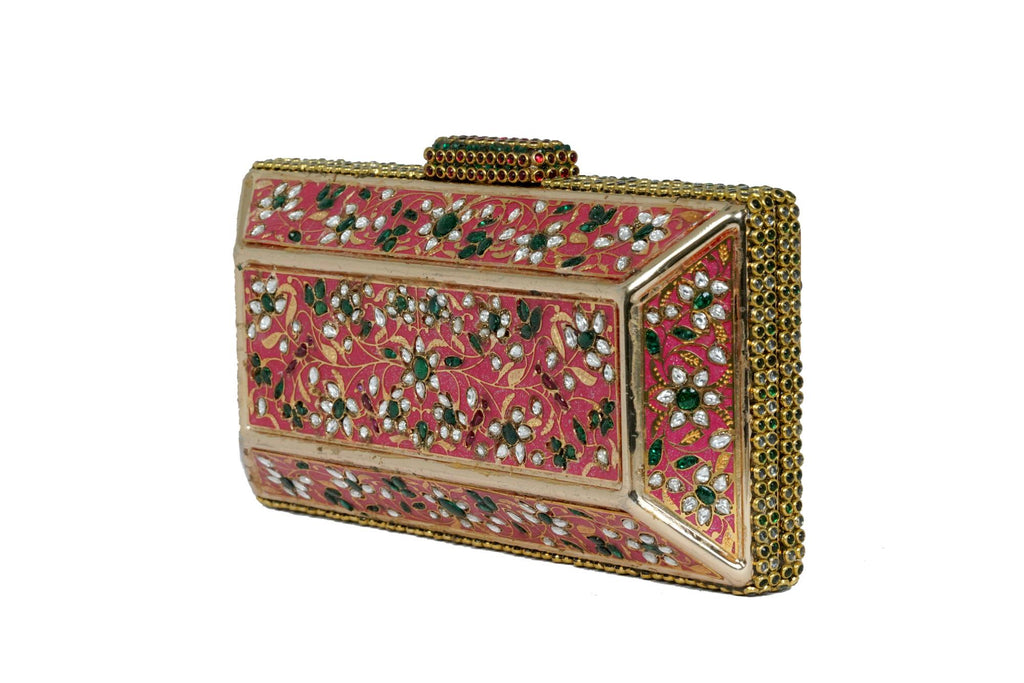 Pink Embroidered Stone-Embellished Clutch