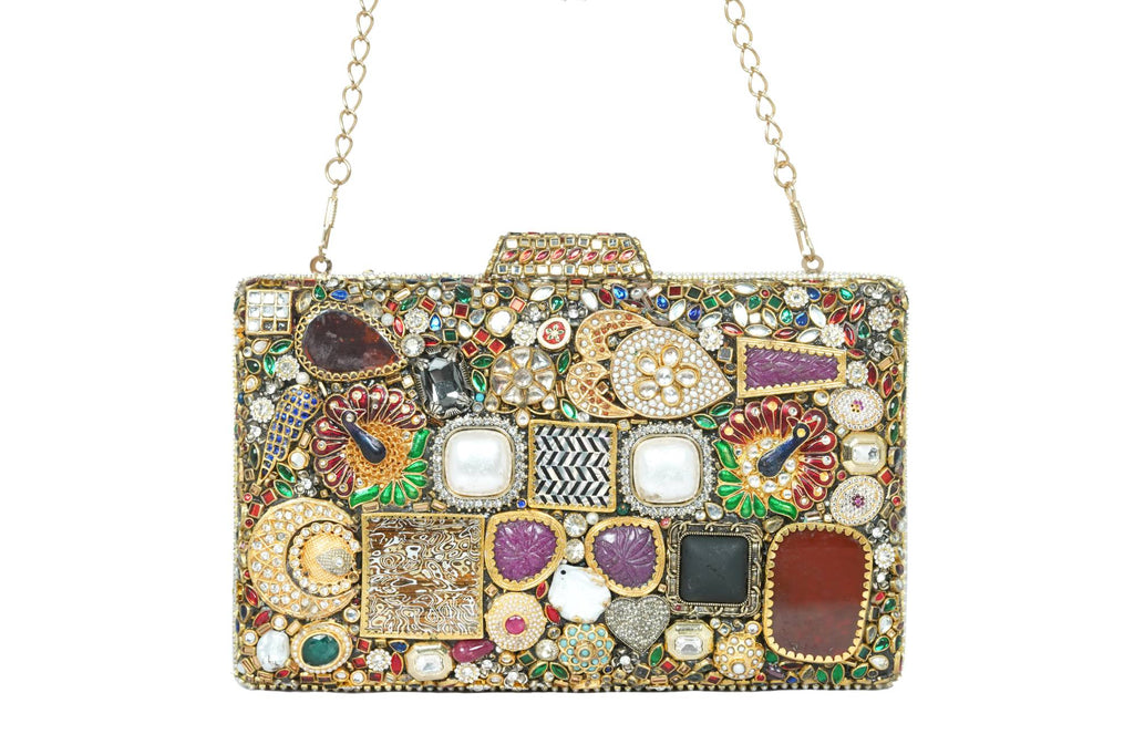 Multi-Gemstone Embellished Box Clutch