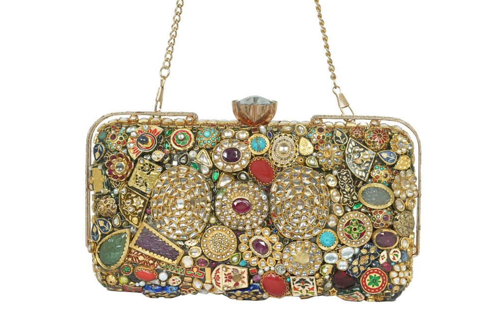 Embellished Kundan & Meenakari Clutch with Chain