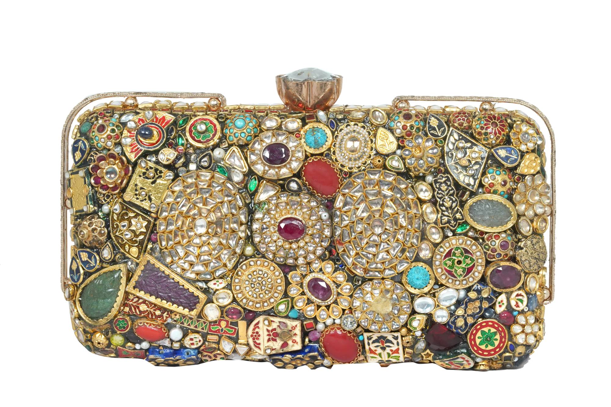 Embellished Kundan & Meenakari Clutch with Chain