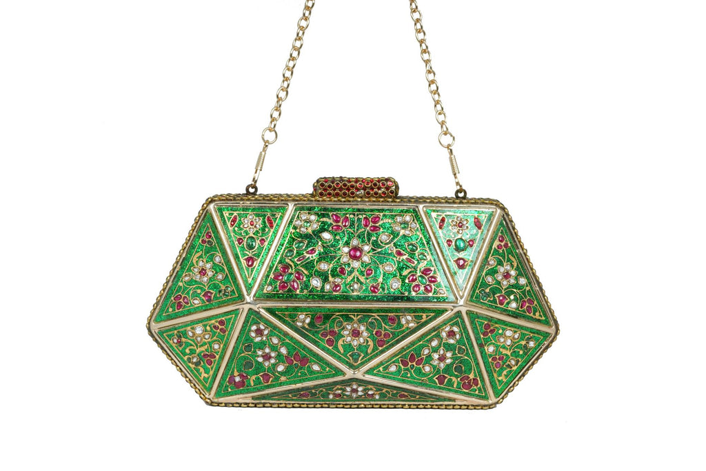 Green Enamel Floral Gemstone Clutch