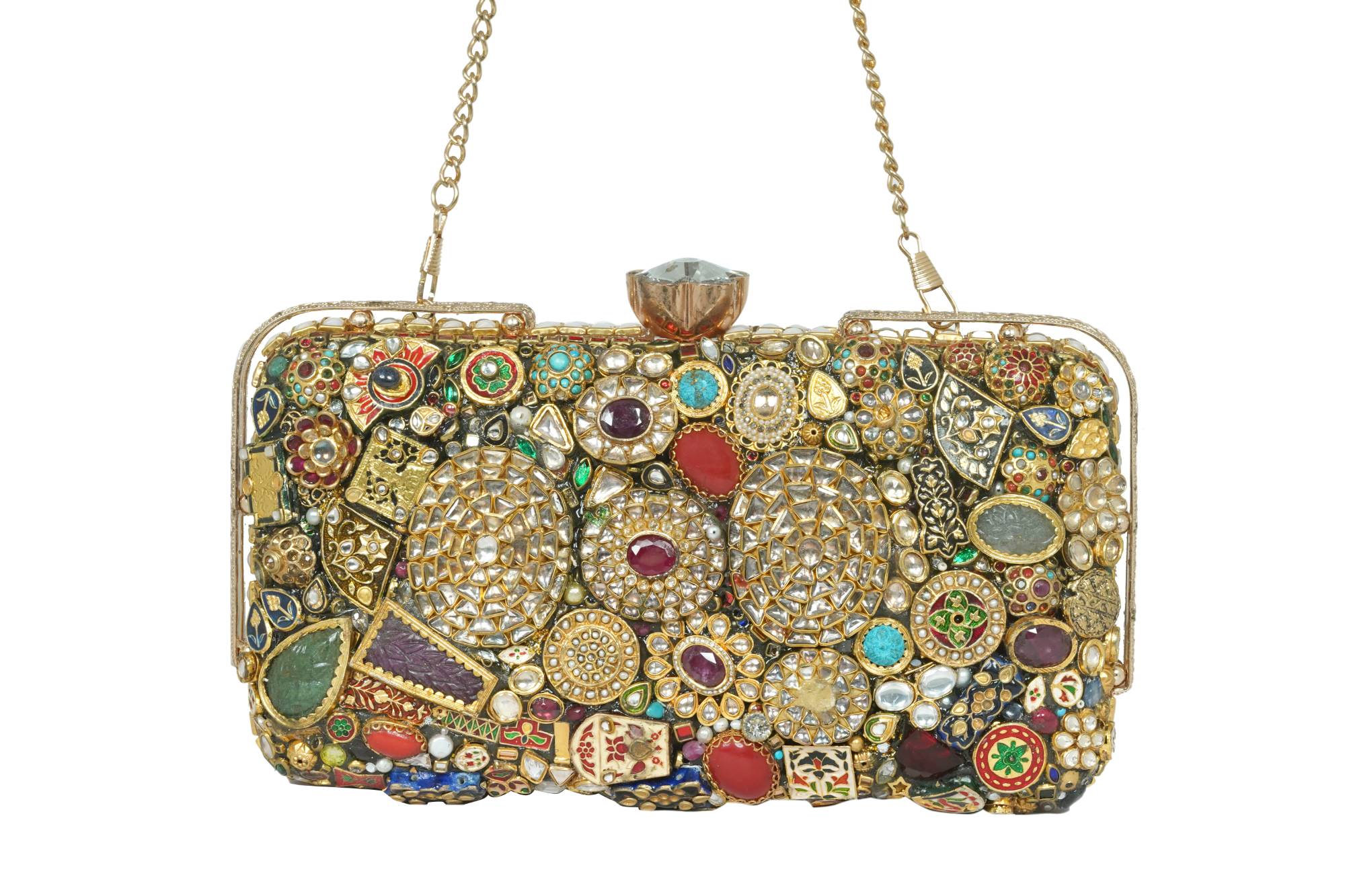 Embellished Gemstone & Kundan Clutch with Chain