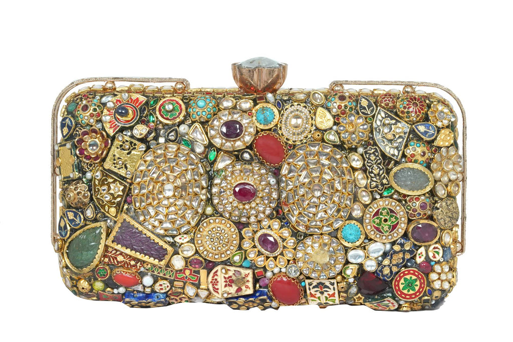 Embellished Gemstone & Kundan Clutch with Chain