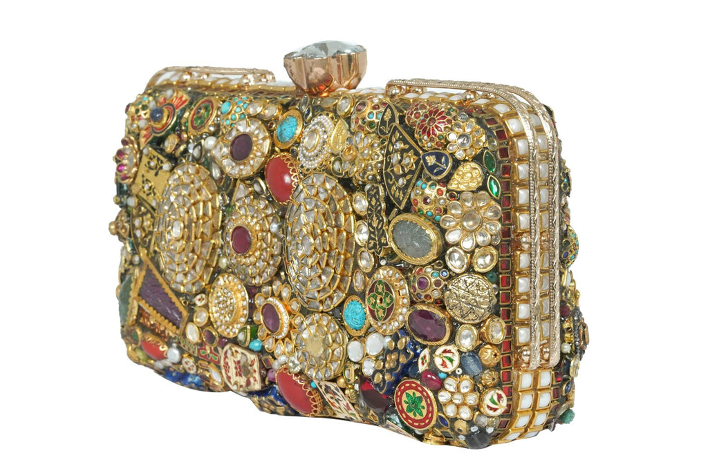 Embellished Gemstone & Kundan Clutch with Chain