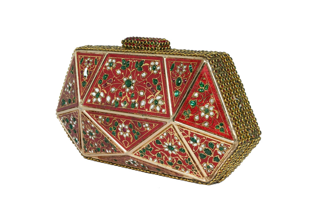 Embellished Geometric Red & Gold Clutch