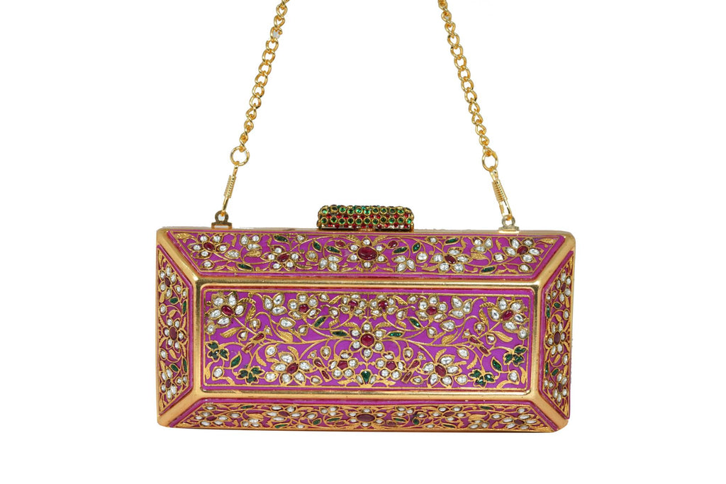 Magenta Embellished Stone Box Clutch