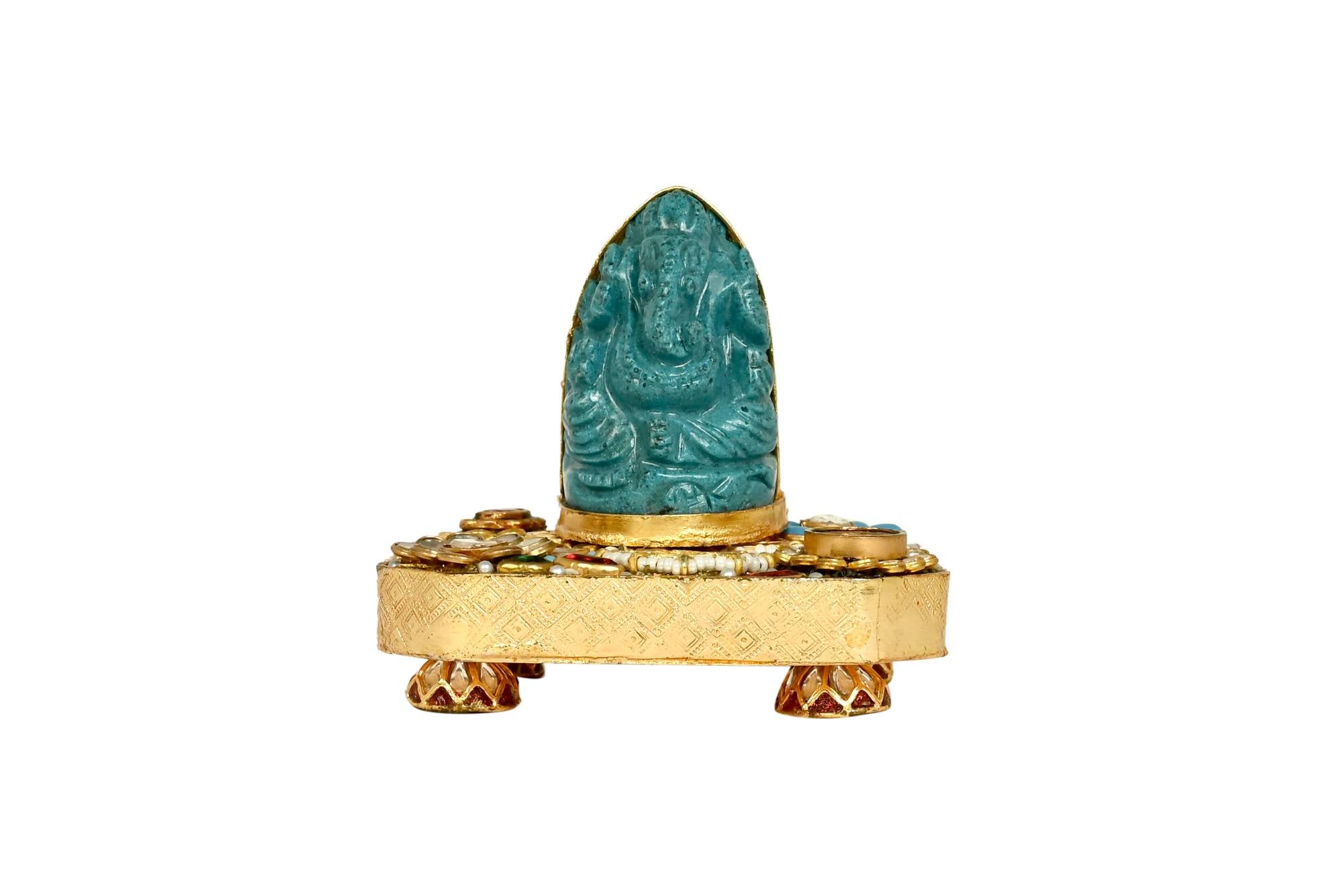 Turquoise Carved Ganesha Idol with Gold Embellished Base