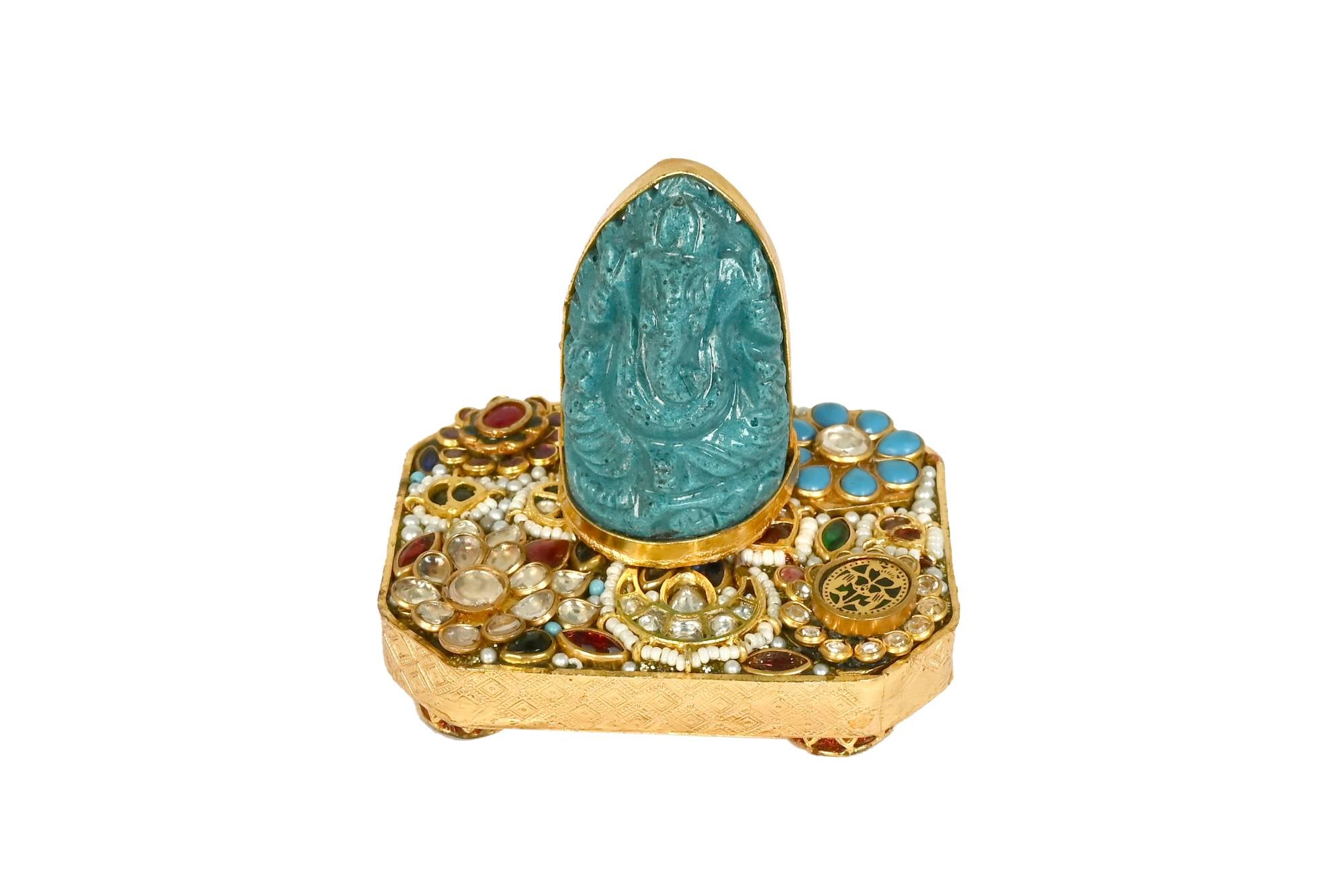 Turquoise Carved Ganesha Idol with Gold Embellished Base