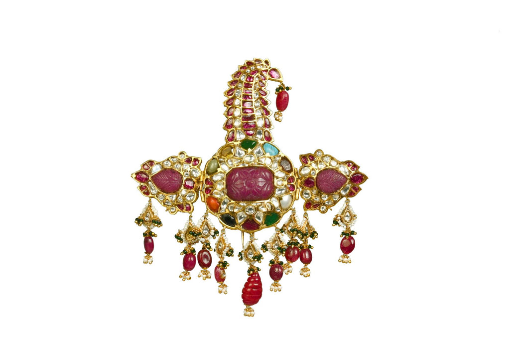 Traditional Indian Ruby & Polki Kalgi Turban Ornament