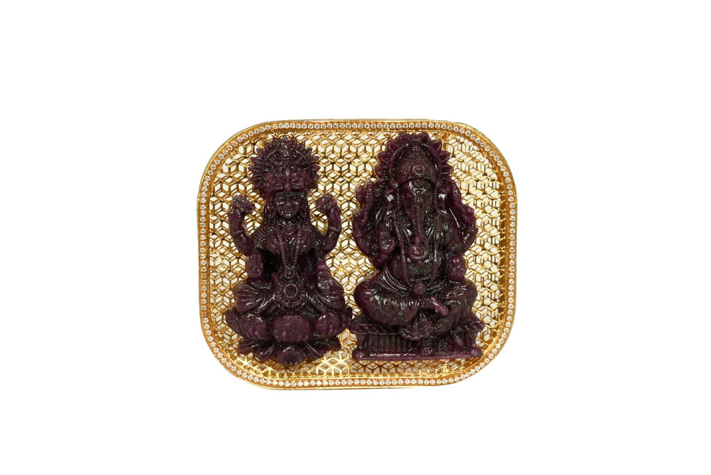 Ruby Carved Lakshmi Ganesha Idols with Diamond Gold Frame