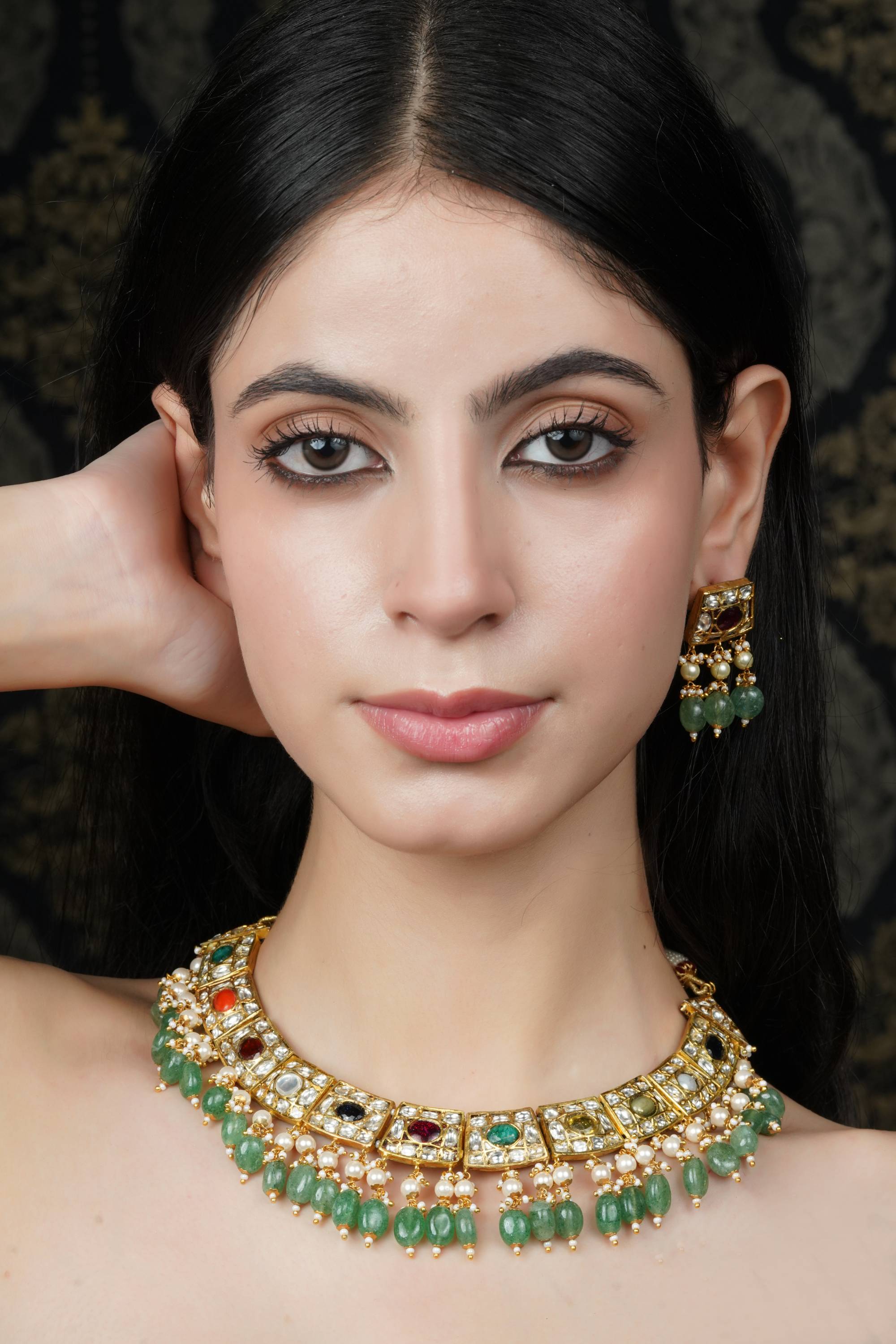 Traditional Gold Plated Gemstone & Pearl Necklace