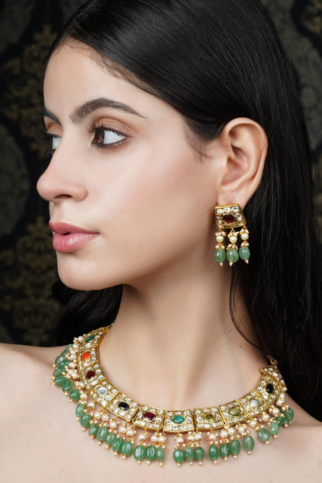 Traditional Gold Plated Gemstone & Pearl Necklace