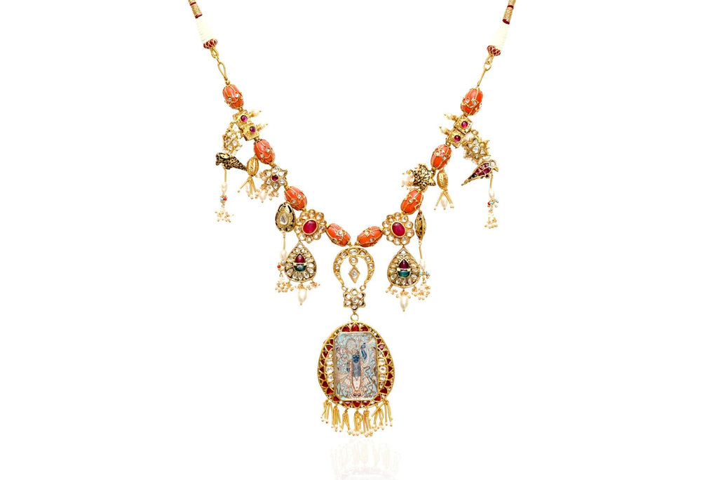 Traditional Golden Coral Necklace with Deity Pendant