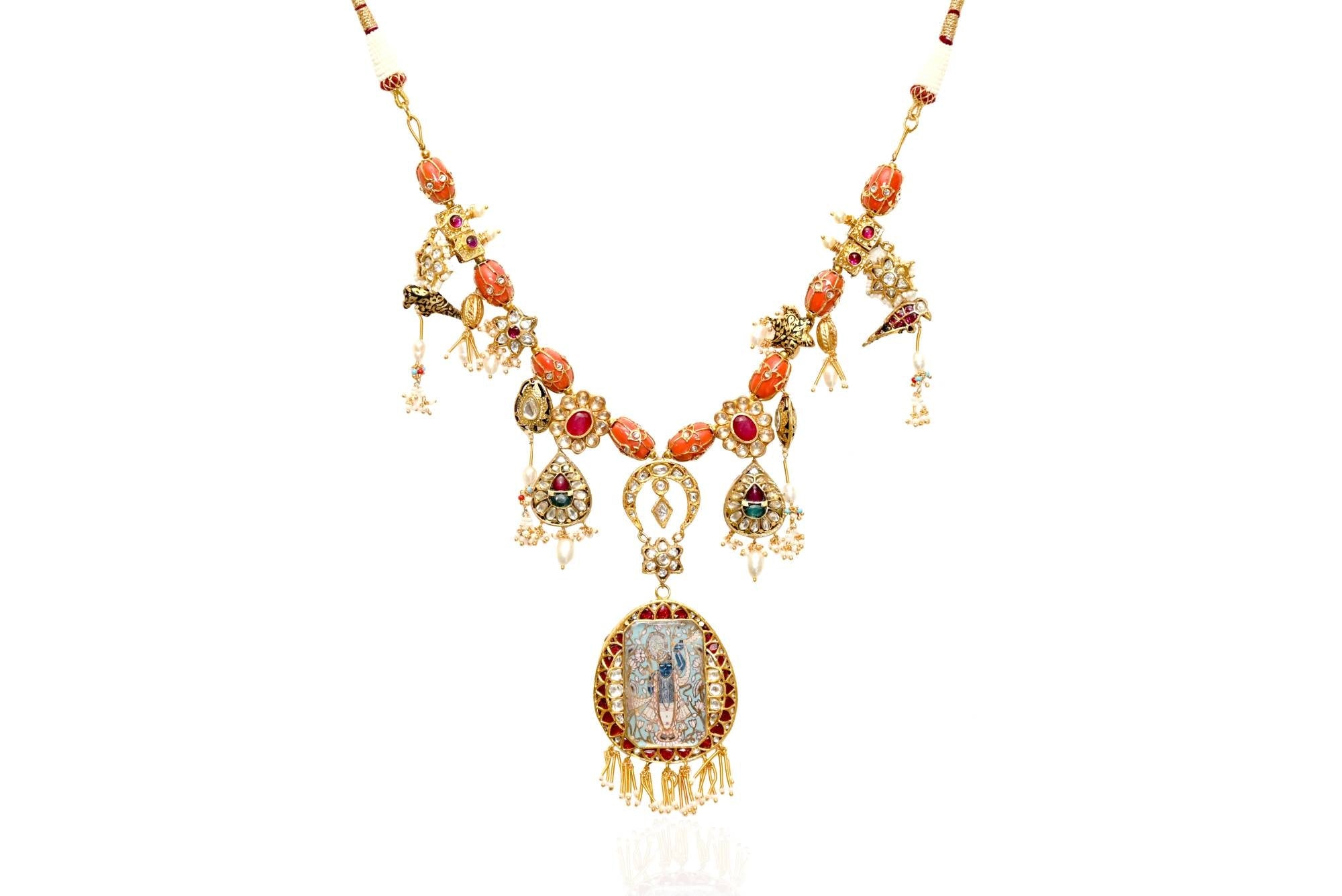 Traditional Golden Coral Necklace with Deity Pendant