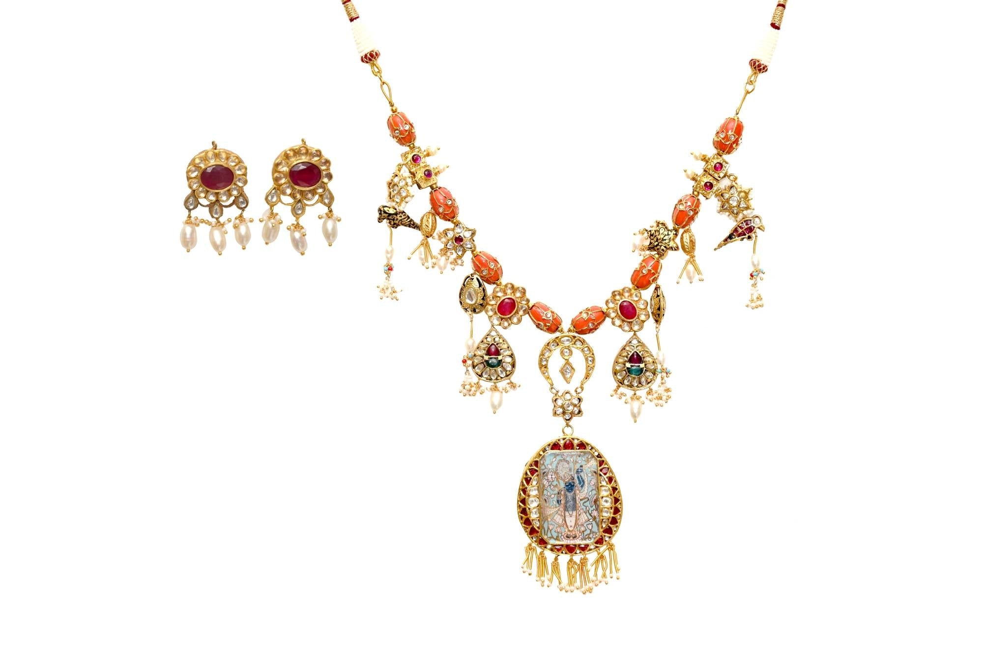 Traditional Golden Coral Necklace with Deity Pendant