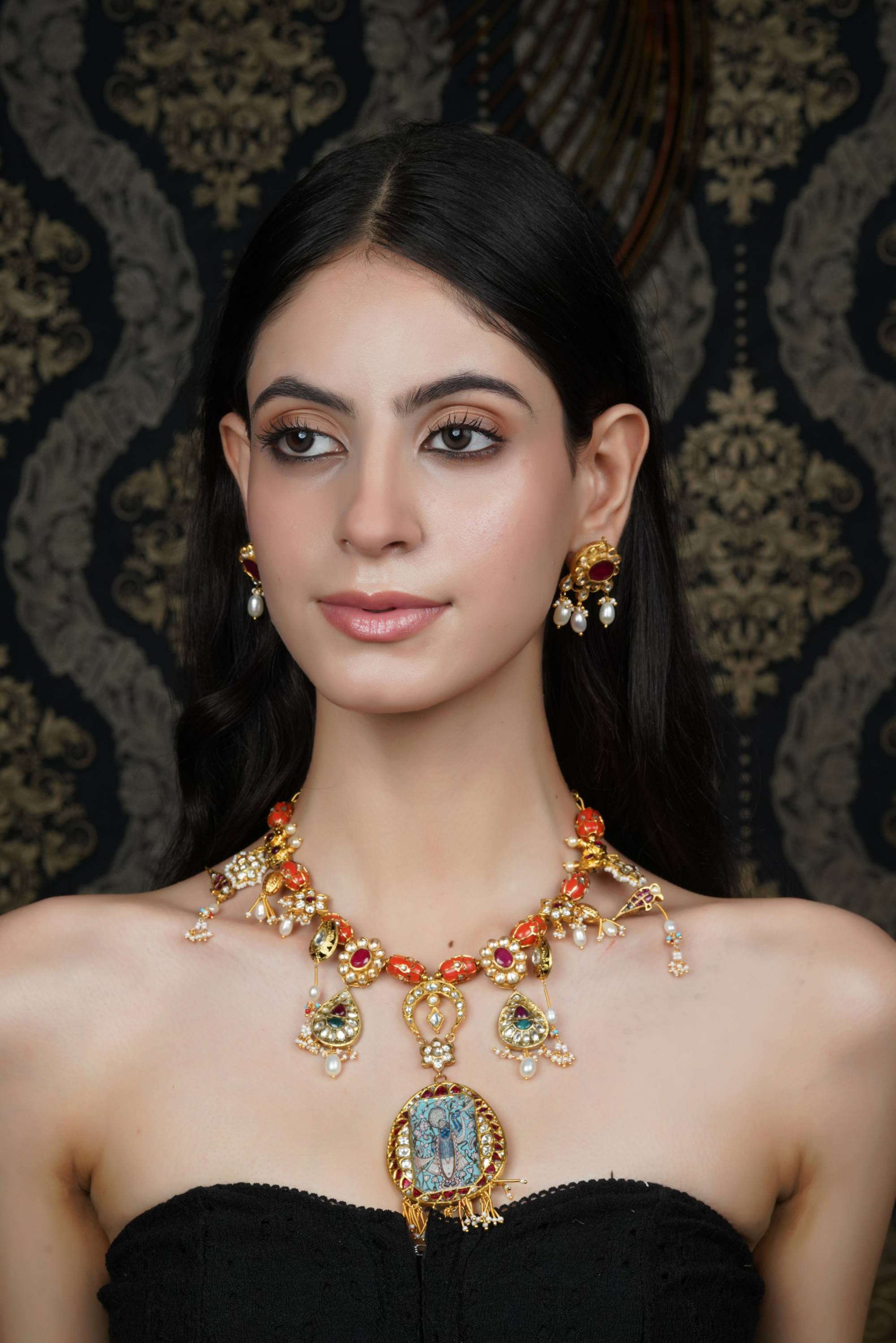 Traditional Golden Coral Necklace with Deity Pendant