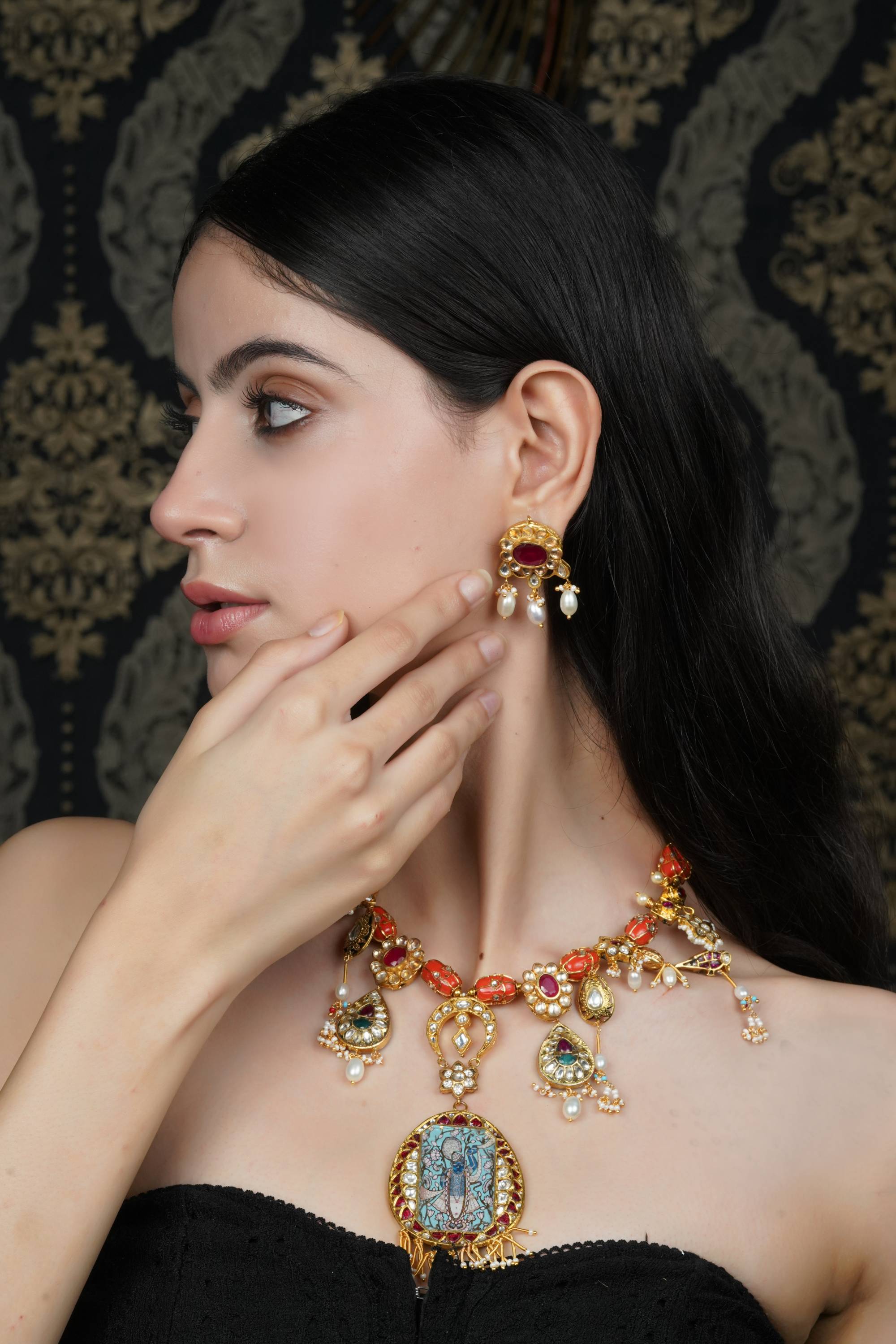 Traditional Golden Coral Necklace with Deity Pendant