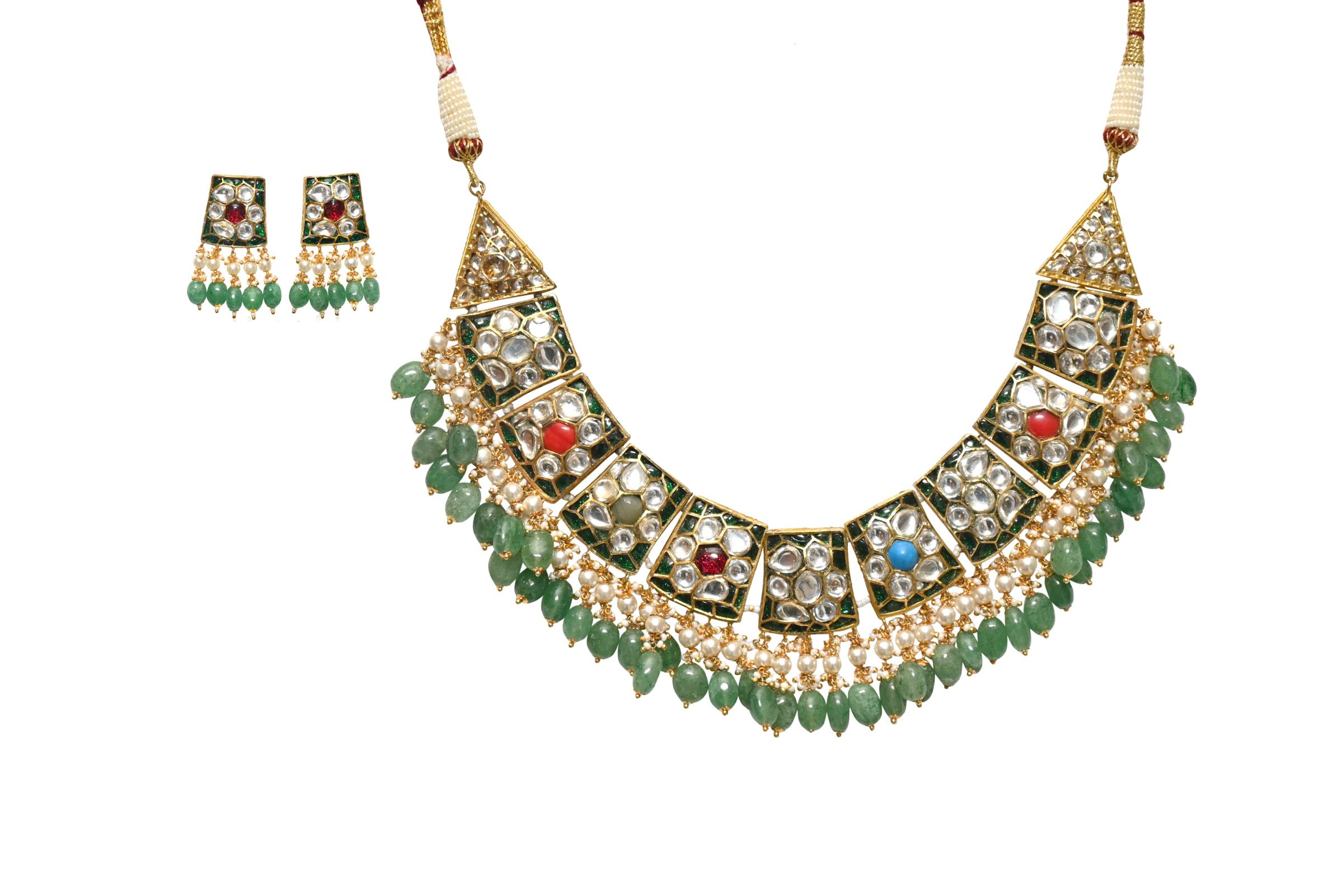 Kundan Pearl Green Jewellery Set By Fluorite