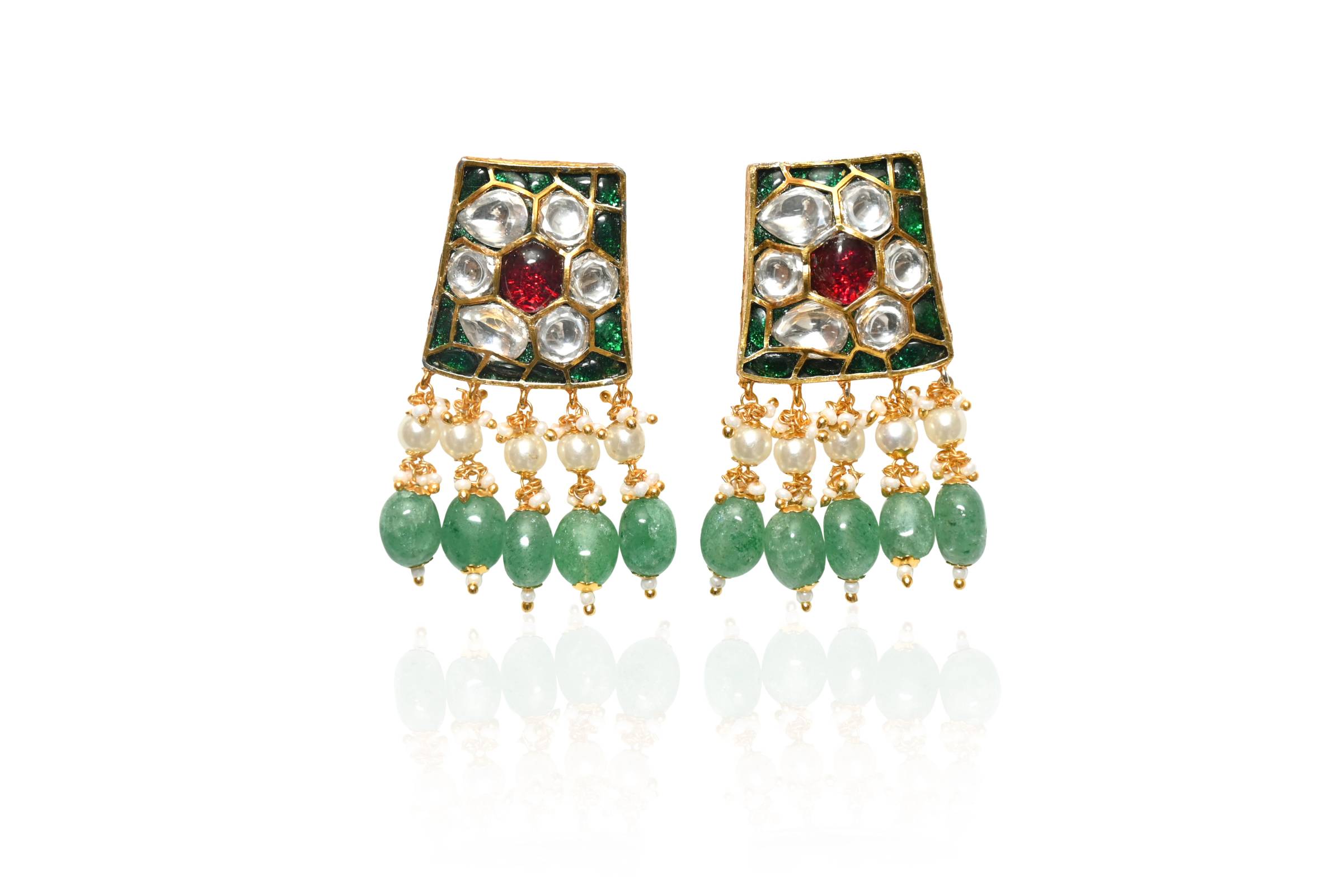 Kundan Pearl Green Jewellery Set By Fluorite