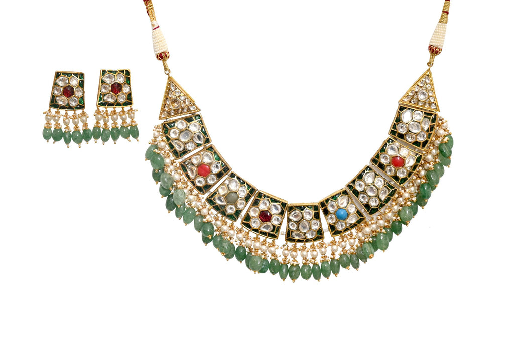Kundan Pearl Green Jewellery Set By Fluorite